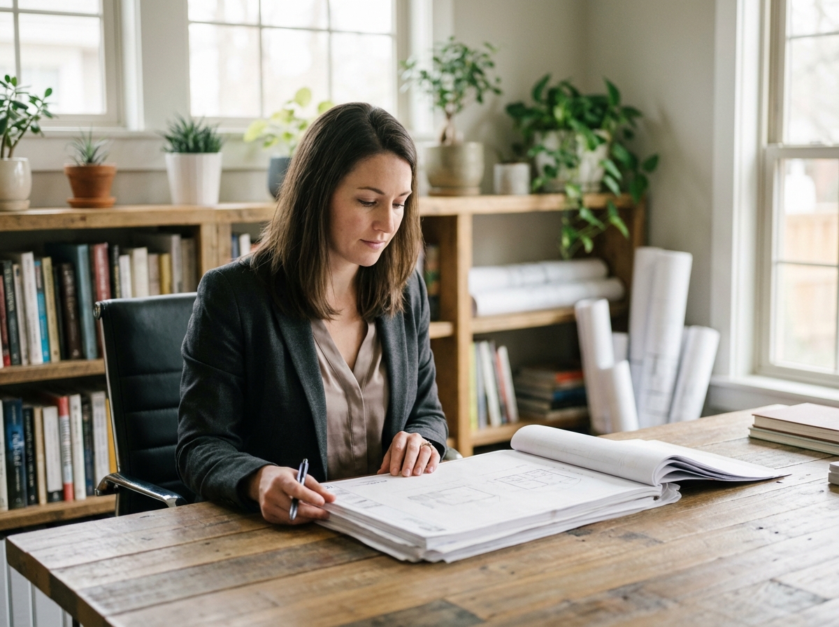 Femme professionnelle en home office examinant des documents immobiliers