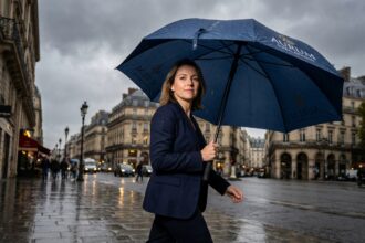Femme professionnelle tenant un parapluie personnalisé avec logo d'entreprise sous la pluie à Paris