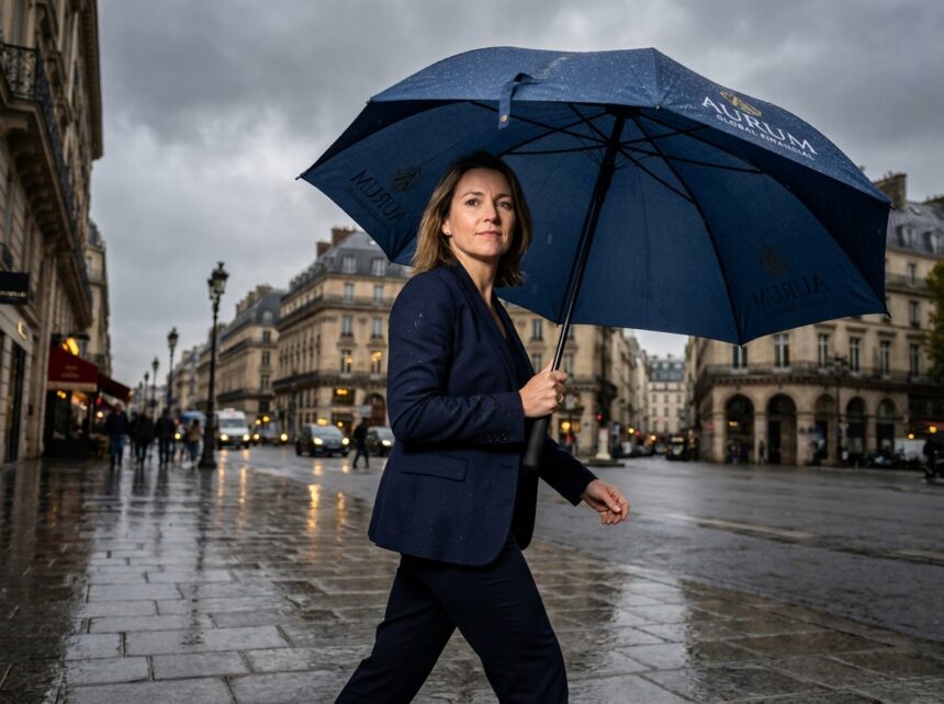 Femme professionnelle tenant un parapluie personnalisé avec logo d'entreprise sous la pluie à Paris