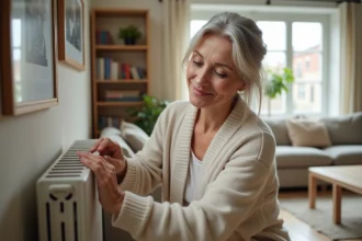 Femme d'âge moyen ajustant un radiateur moderne dans un salon lumineux