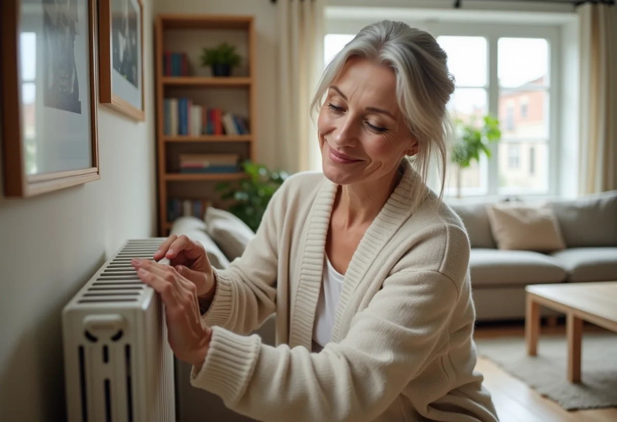 Femme d'âge moyen ajustant un radiateur moderne dans un salon lumineux