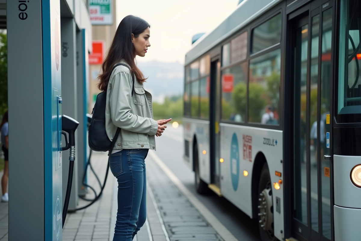 Jeune femme rechargeant un bus à hydrogene en ville