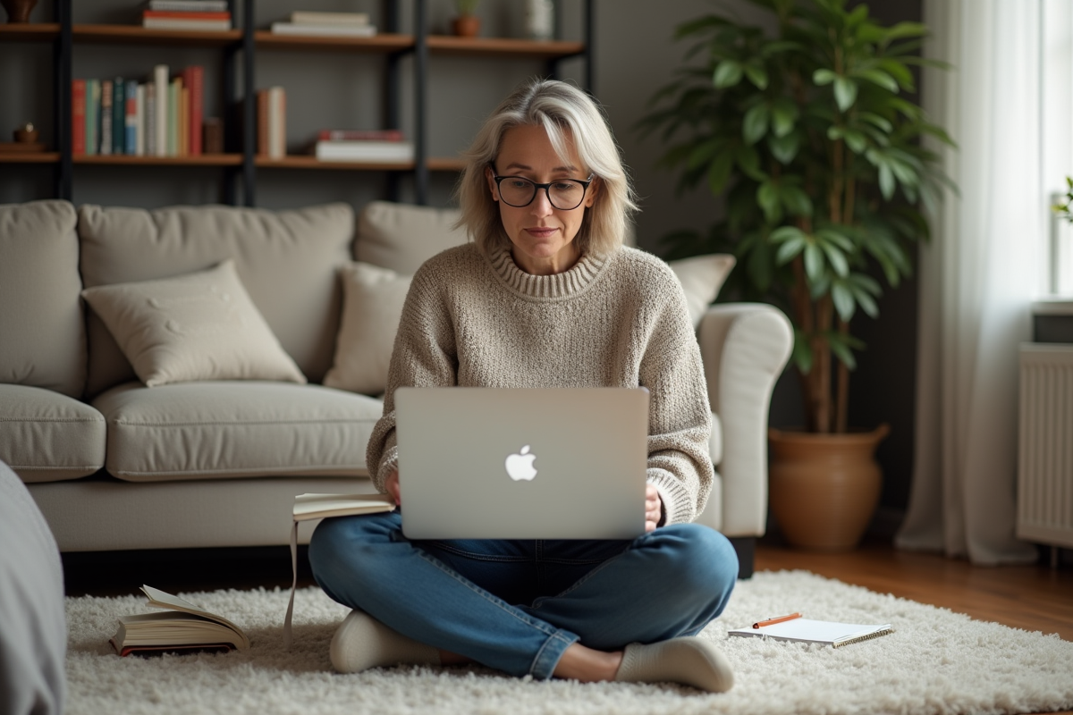 Femme méditative avec ordinateur et carnet dans un salon chaleureux