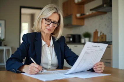Femme professionnelle en blazer bleu examine un tableau de pension