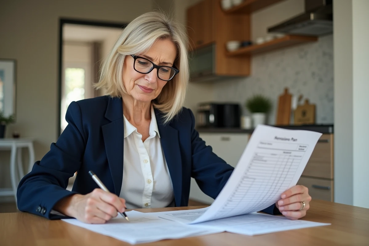 Femme professionnelle en blazer bleu examine un tableau de pension
