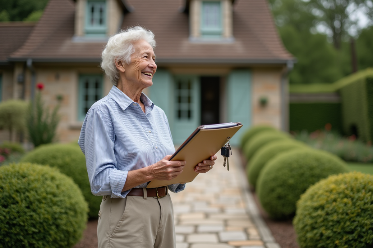 Femme retraitée souriante devant une maison de campagne en jardin