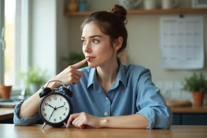 Jeune femme avec reveil analogique dans la cuisine