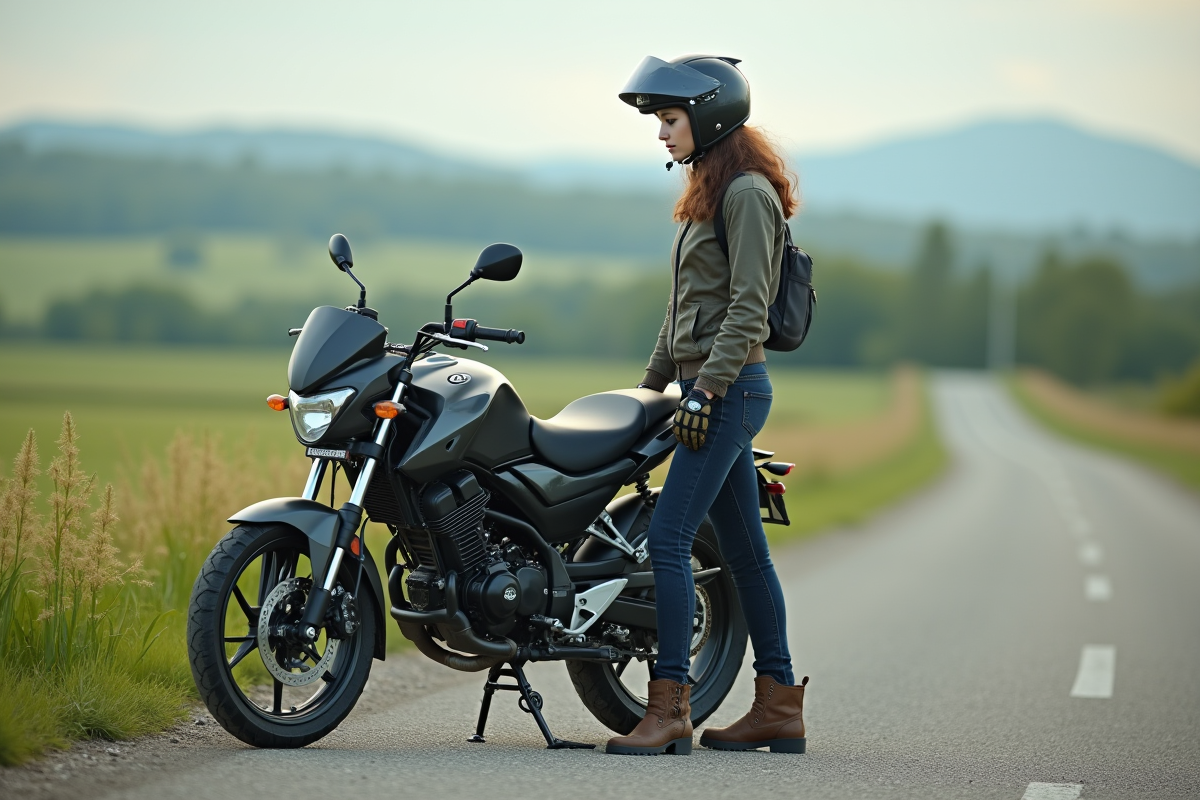Femme avec casque à côté de sa moto Magpower Avengers 125 en campagne