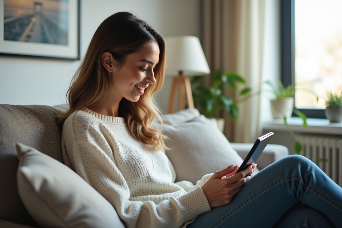 Jeune femme utilisant une tablette dans un salon lumineux