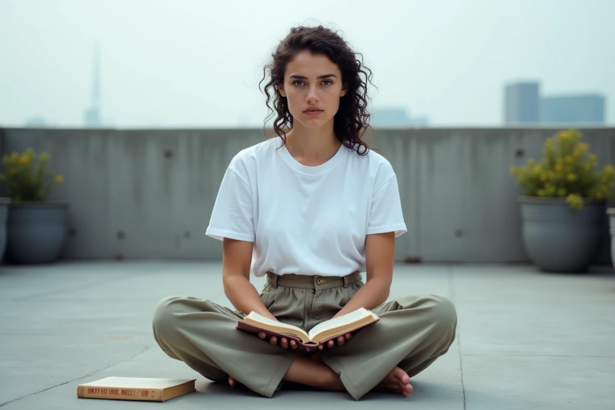 Jeune femme lisant Schopenhauer sur un rooftop urbain, comparant philosophie classique et développement personnel