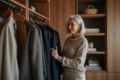 Femme élégante choisissant une veste dans une garde-robe organisée