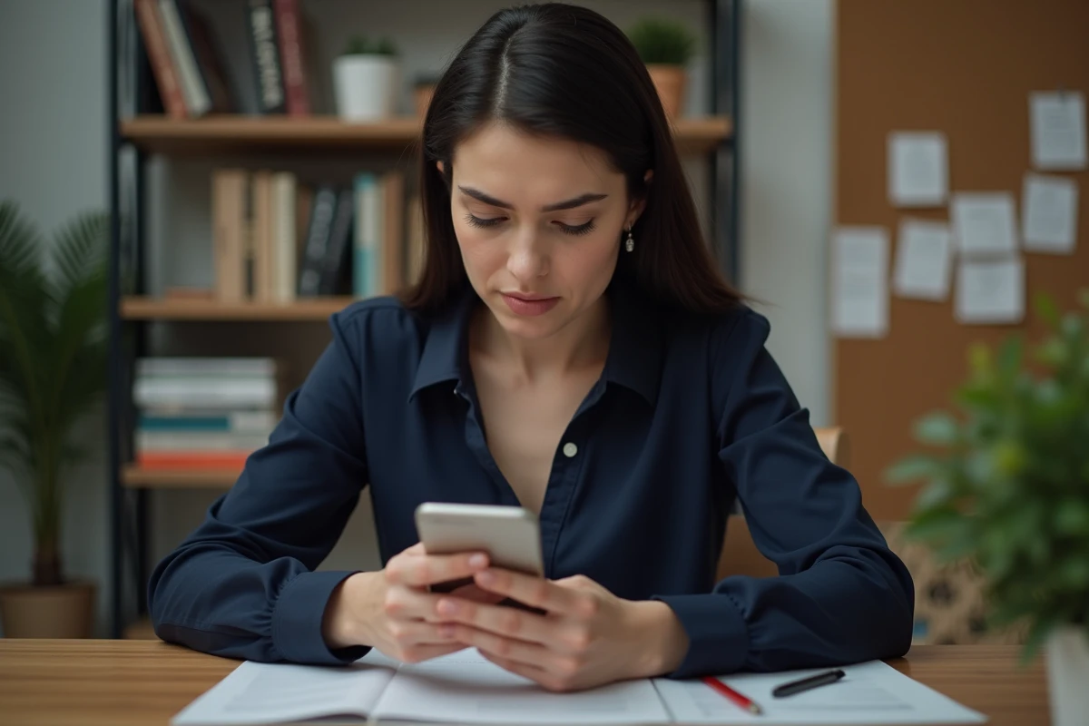 Femme en blouse bleue cherchant sur son smartphone au bureau