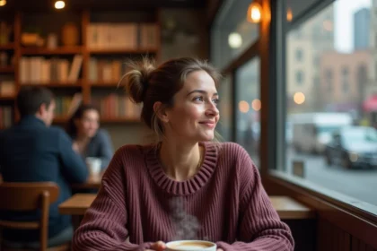 Femme songeuse dans un café pensant à une personne qui pense à elle et la désire