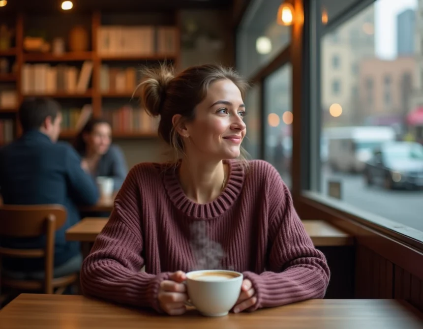 Femme songeuse dans un café pensant à une personne qui pense à elle et la désire