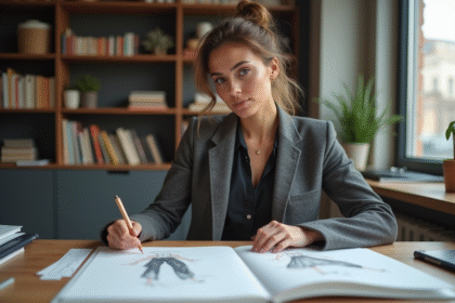 Femme styliste en studio mode avec croquis et tissus