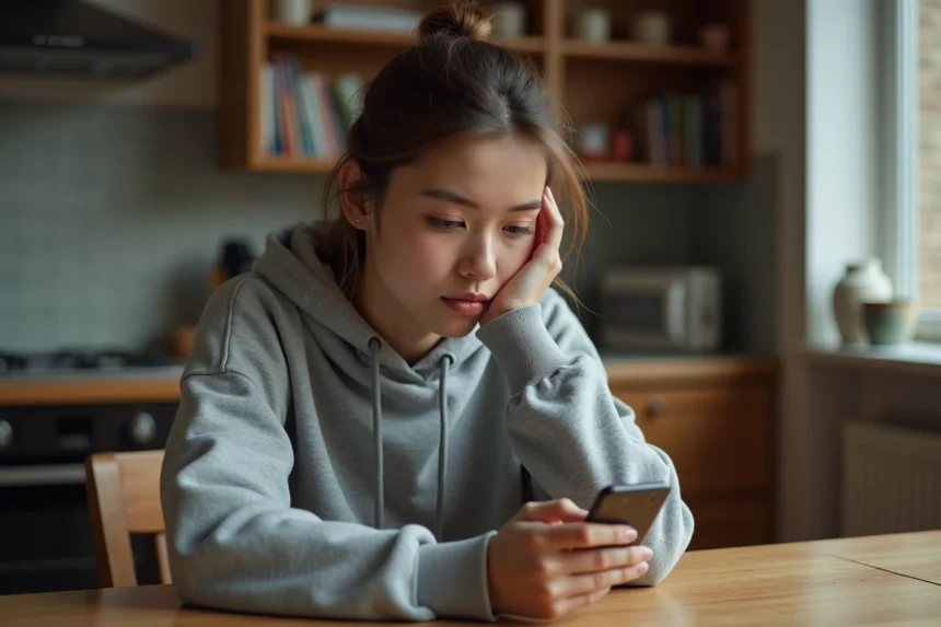 Jeune femme regardant son smartphone avec une expression hésitante, illustrant la surveillance anonyme d'un ex sur Snapchat