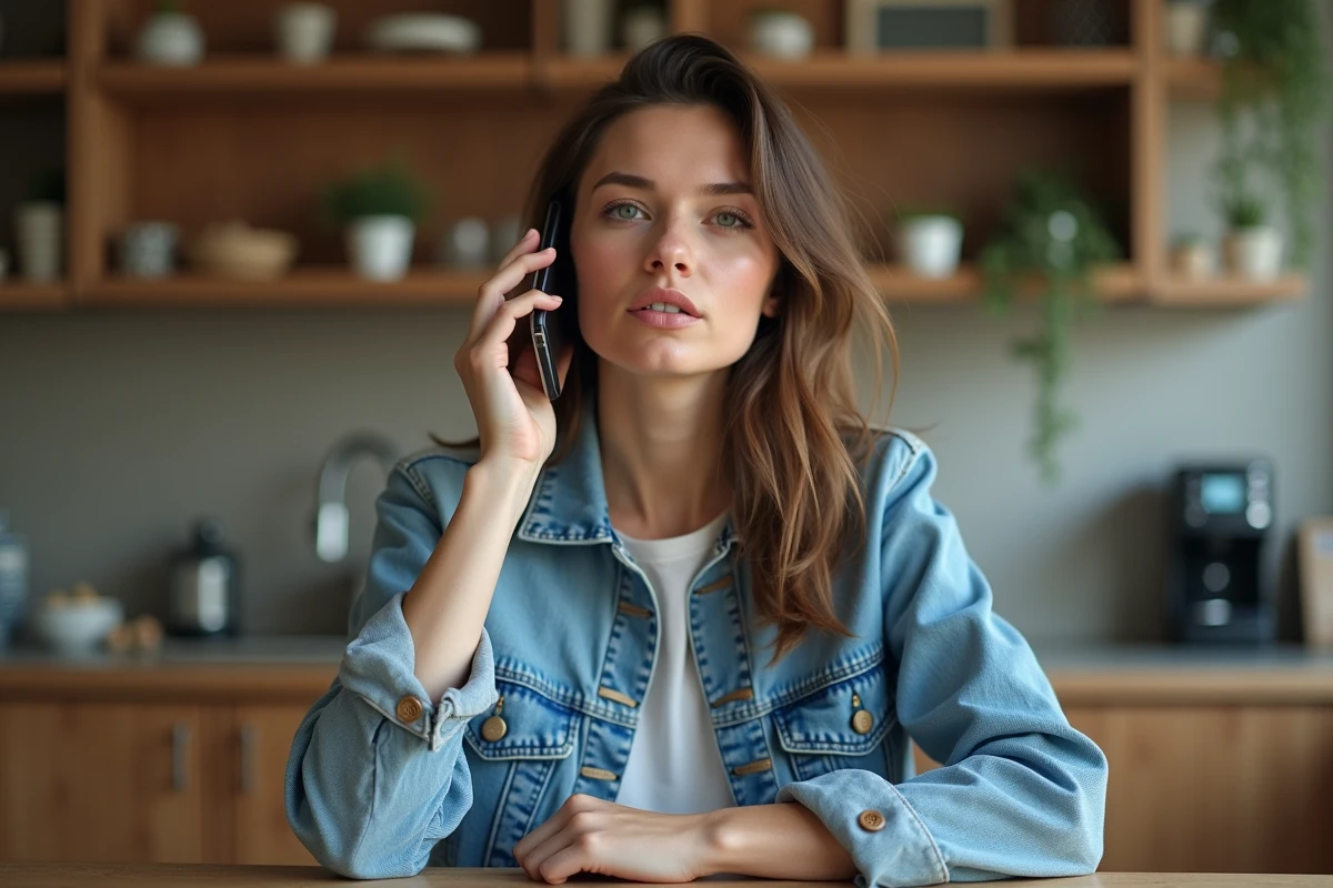 Femme au téléphone dans un appartement cosy et chaleureux