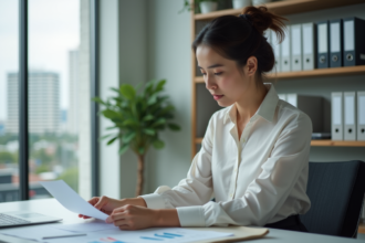 Femme concentrée sur ses documents financiers au bureau