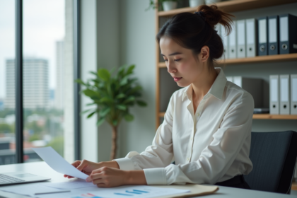 Femme concentrée sur ses documents financiers au bureau