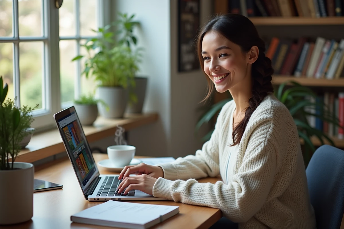 Jeune femme souriante travaillant sur son ordinateur dans un bureau lumineux