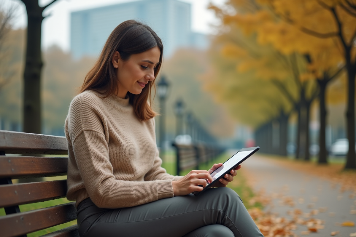 Jeune femme étudiant des graphiques financiers en parc