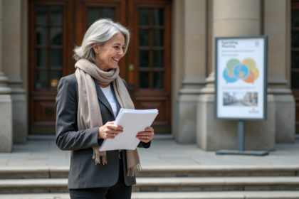 Femme d'âge moyen en tenue professionnelle devant mairie