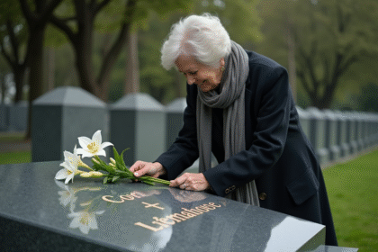 Femme âgée dépose un lys blanc sur une tombe en pierre grise