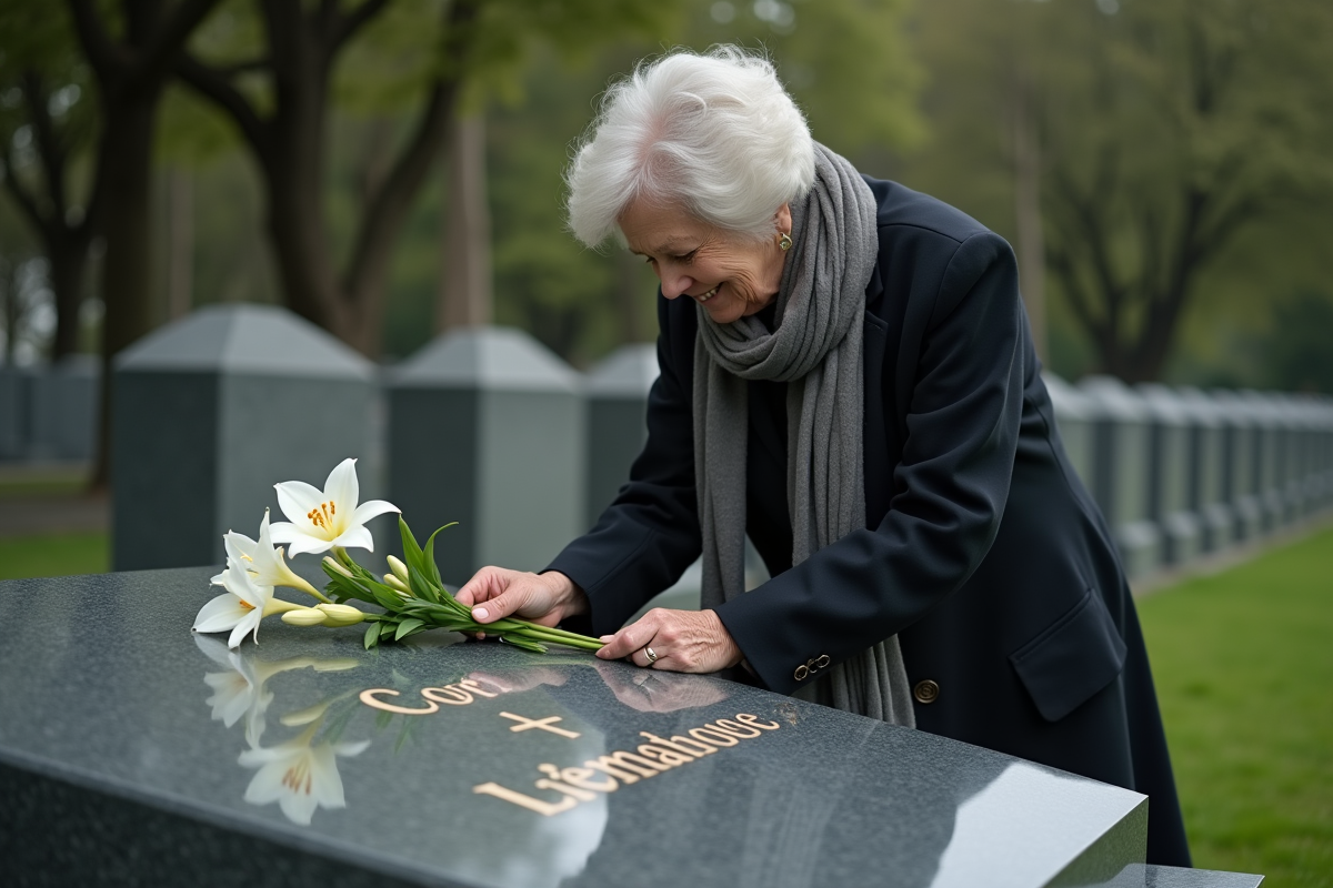 Femme âgée dépose un lys blanc sur une tombe en pierre grise