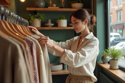 Jeune femme dans une boutique écologique en vêtements naturels
