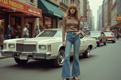 Femme en style vintage des années 70 devant une voiture