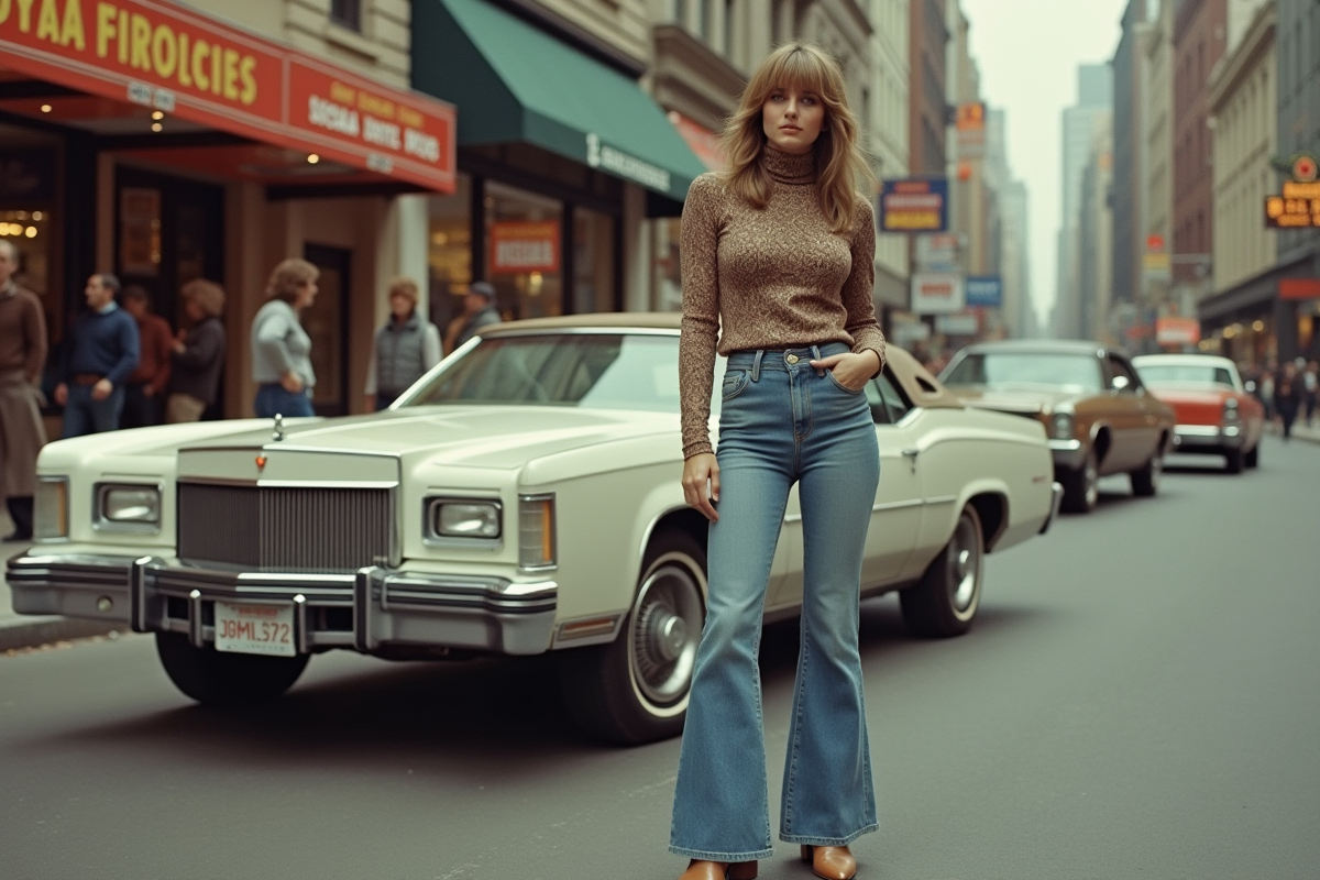 Femme en style vintage des années 70 devant une voiture