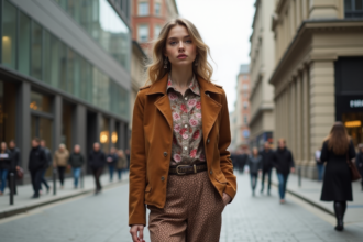 Jeune femme en mode vintage 1970s dans la ville