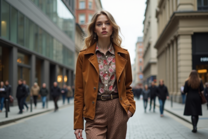 Jeune femme en mode vintage 1970s dans la ville