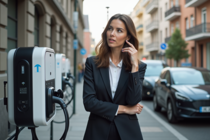 Femme devant station de recharge électrique en ville