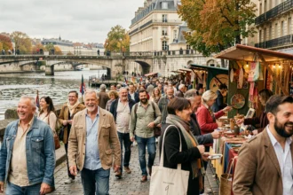 Foule animée lors d'un festival culturel en plein air à Lyon au bord de la Saône un week-end d'automne