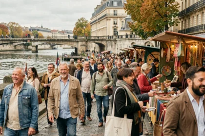 Foule animée lors d'un festival culturel en plein air à Lyon au bord de la Saône un week-end d'automne