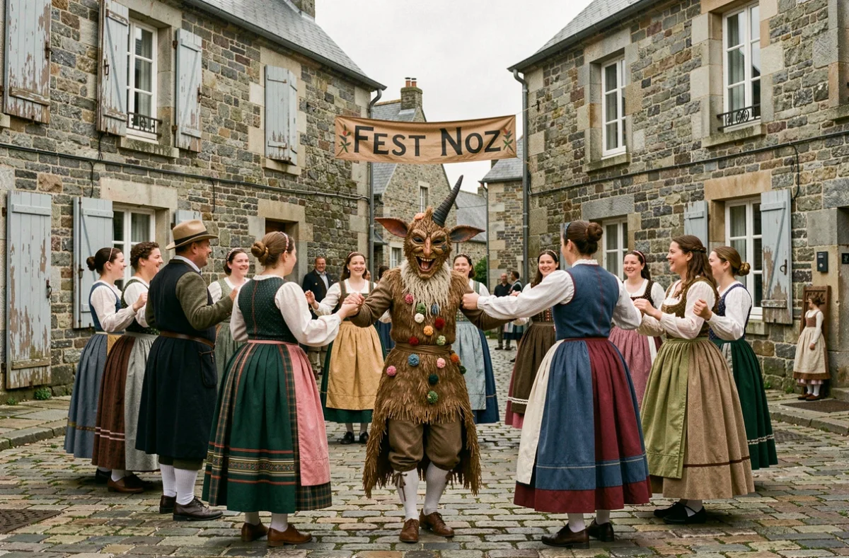 Fête bretonne avec danseurs en costume traditionnel et personnage masqué en korrigan sur une place pavée de granit