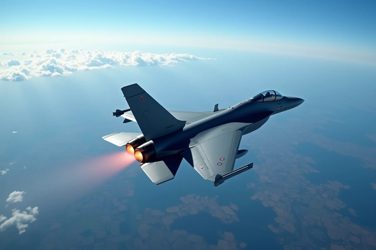 Fighter jet en virage avec traînées de vapeur