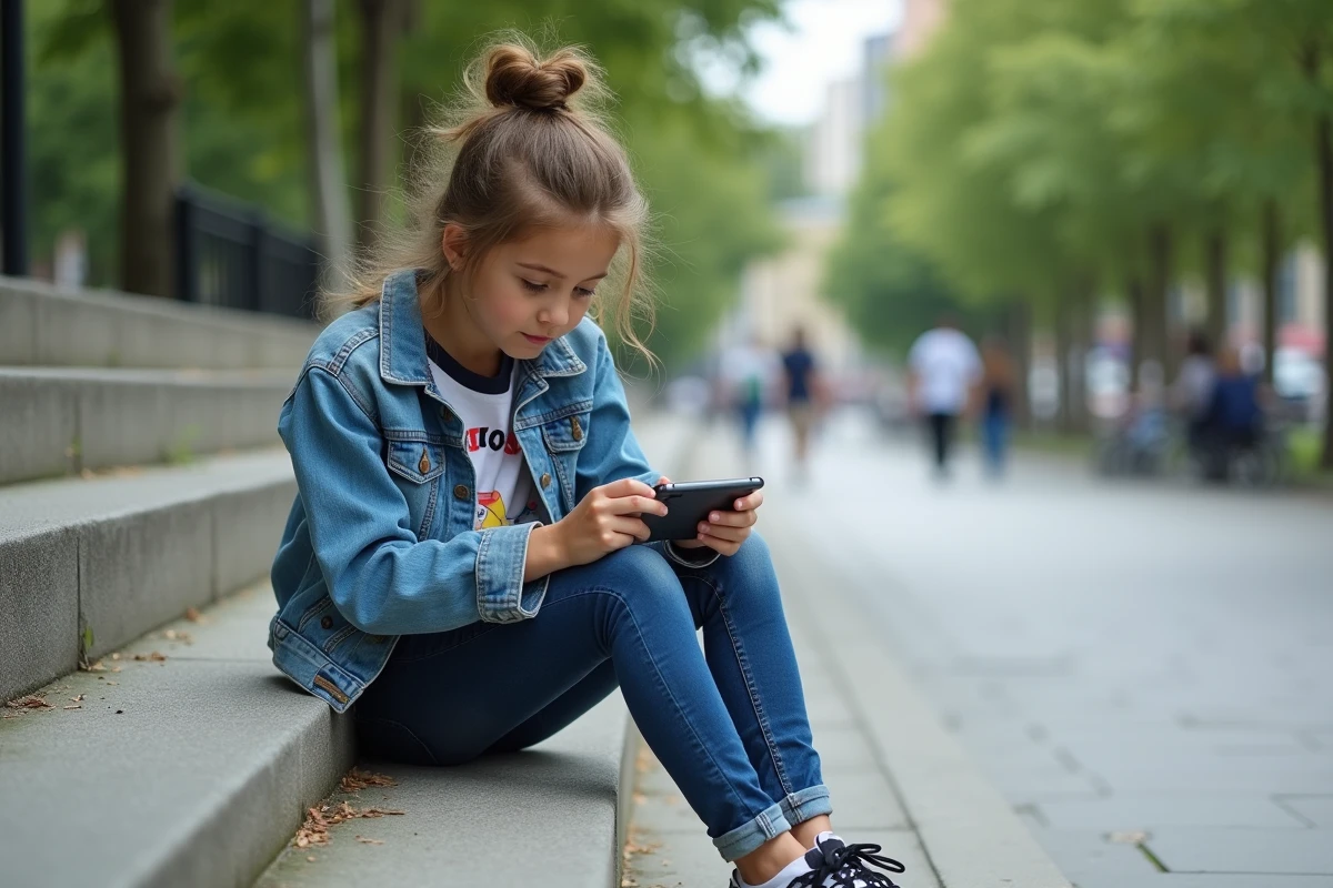 Adolescente jouant à un jeu portable sur les marches en ville