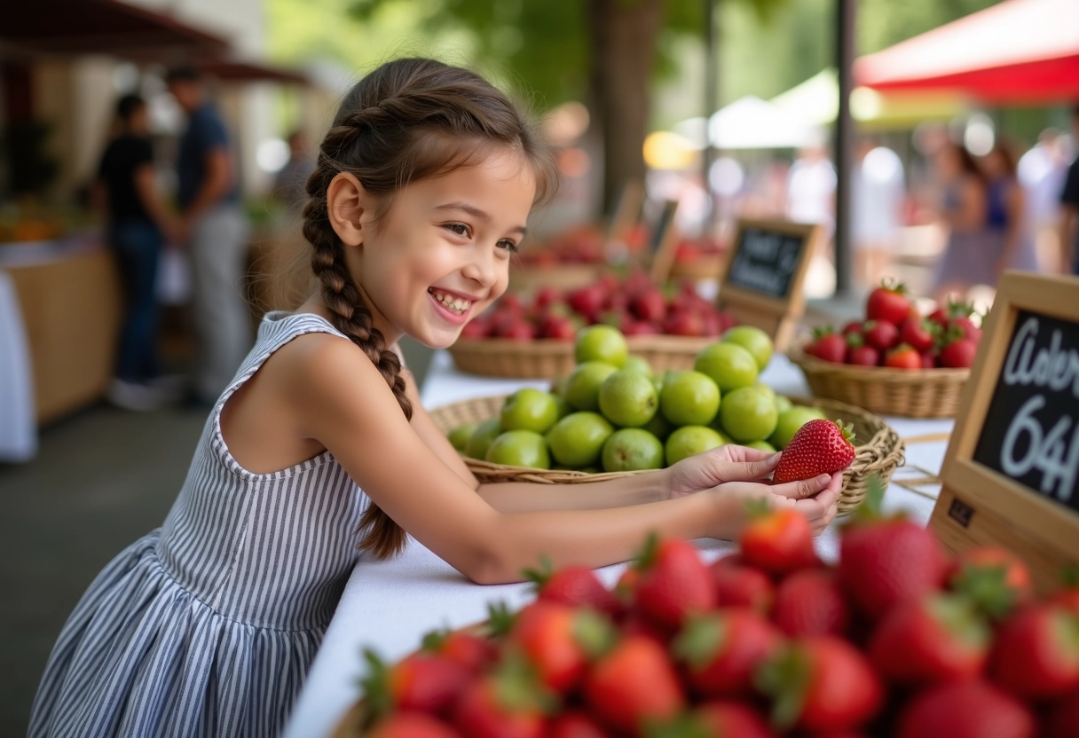 Jeune fille souriante atteignant des fraises au marché local