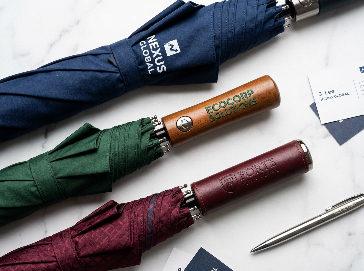 Flat lay de parapluies personnalisés avec logos d'entreprise et cartes de visite sur fond marbre blanc