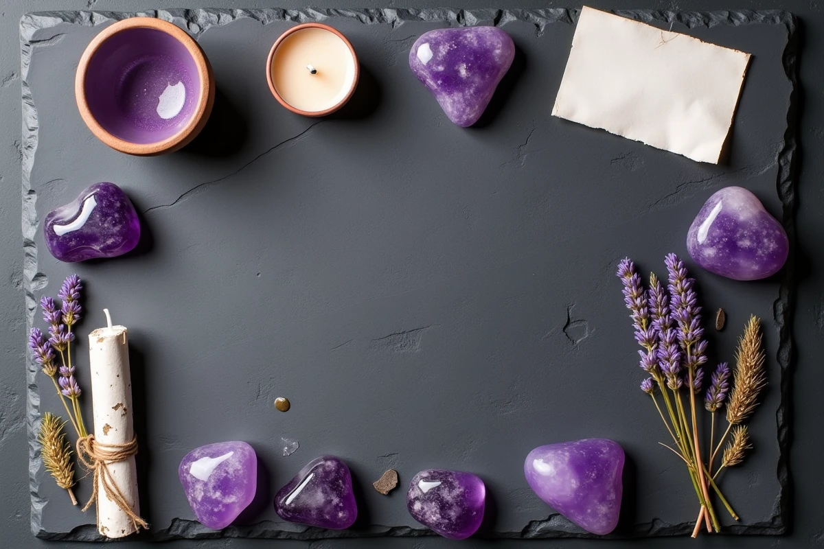 Arrangement flat-lay d'objets de rituel de méditation avec pierres d'améthyste violettes sur ardoise