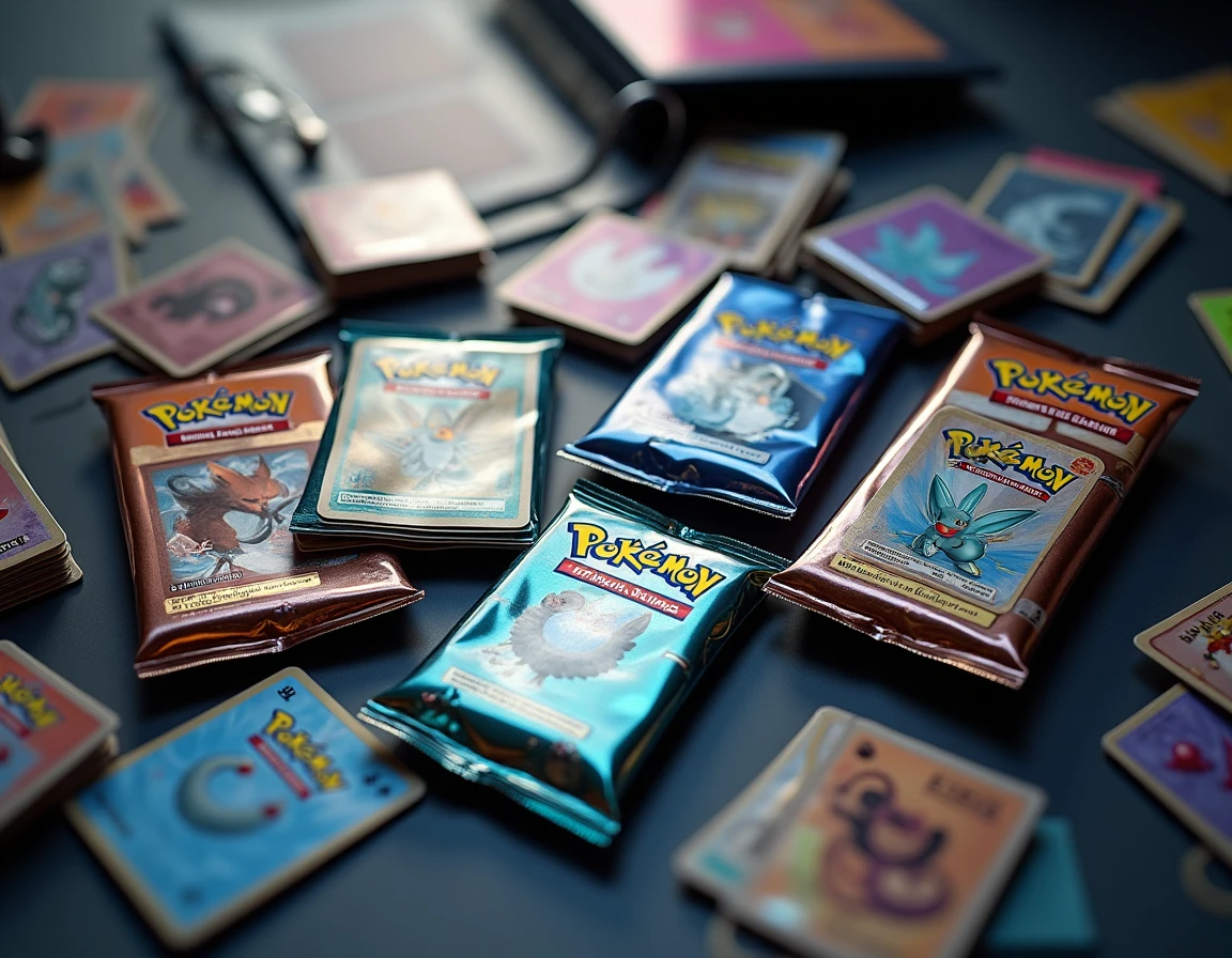 Vue aérienne de boosters Pokémon Étincelles Déferlantes ouverts avec des cartes holographiques étalées sur un bureau