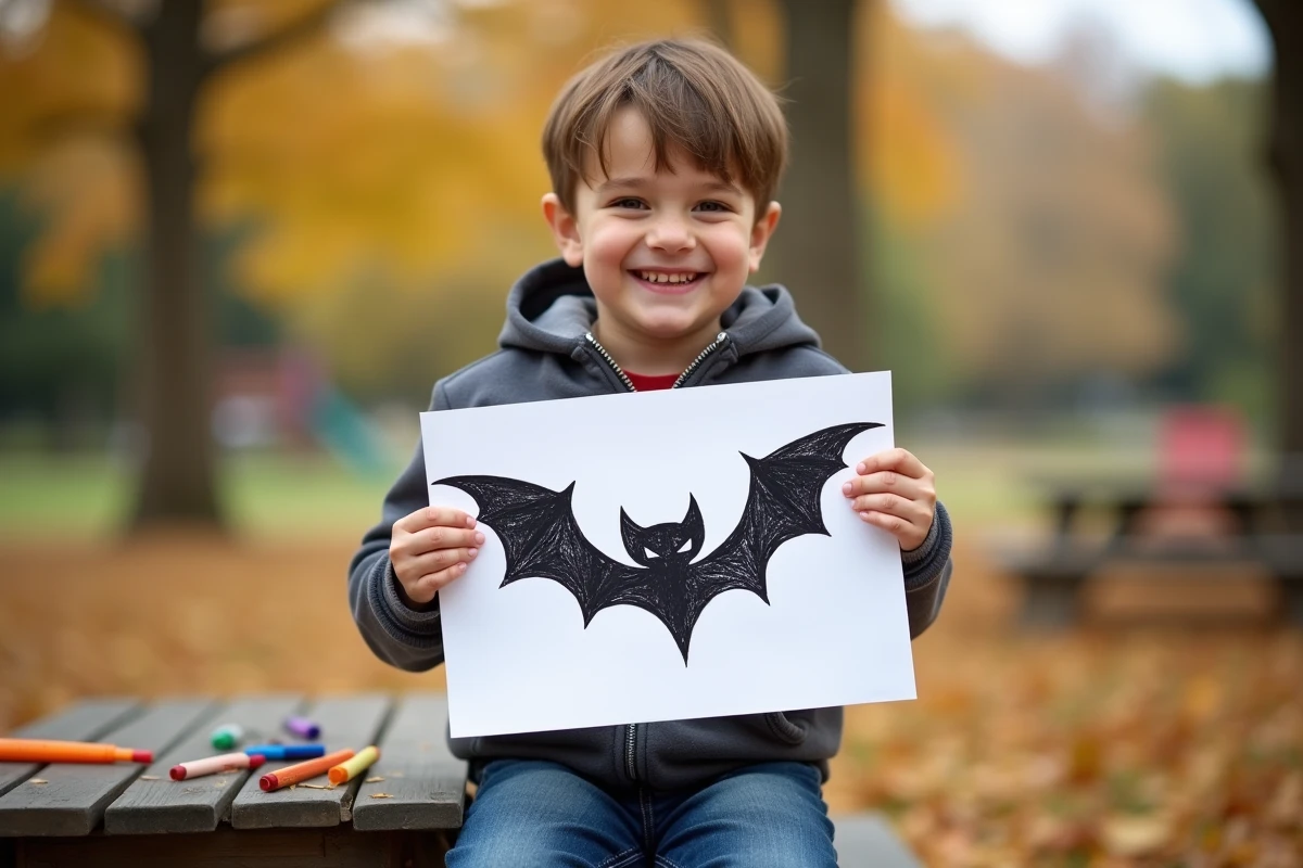 Garçon souriant montrant son dessin d