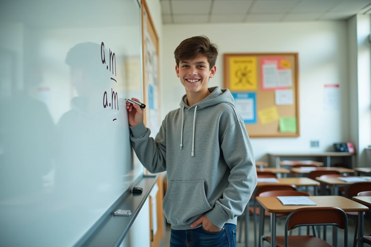 Adolescent écrivant am pm sur un tableau en classe