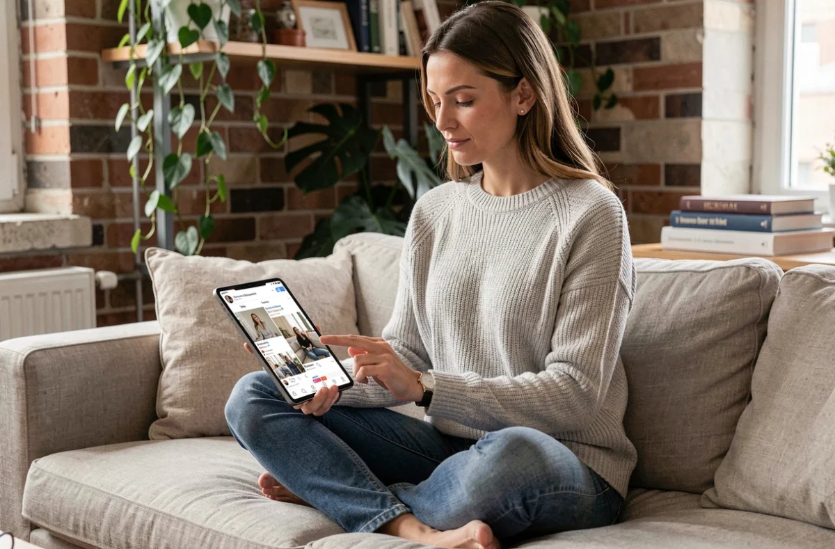 Femme analysant son image sur les réseaux sociaux depuis un salon moderne, illustrant la gestion de la présence numérique