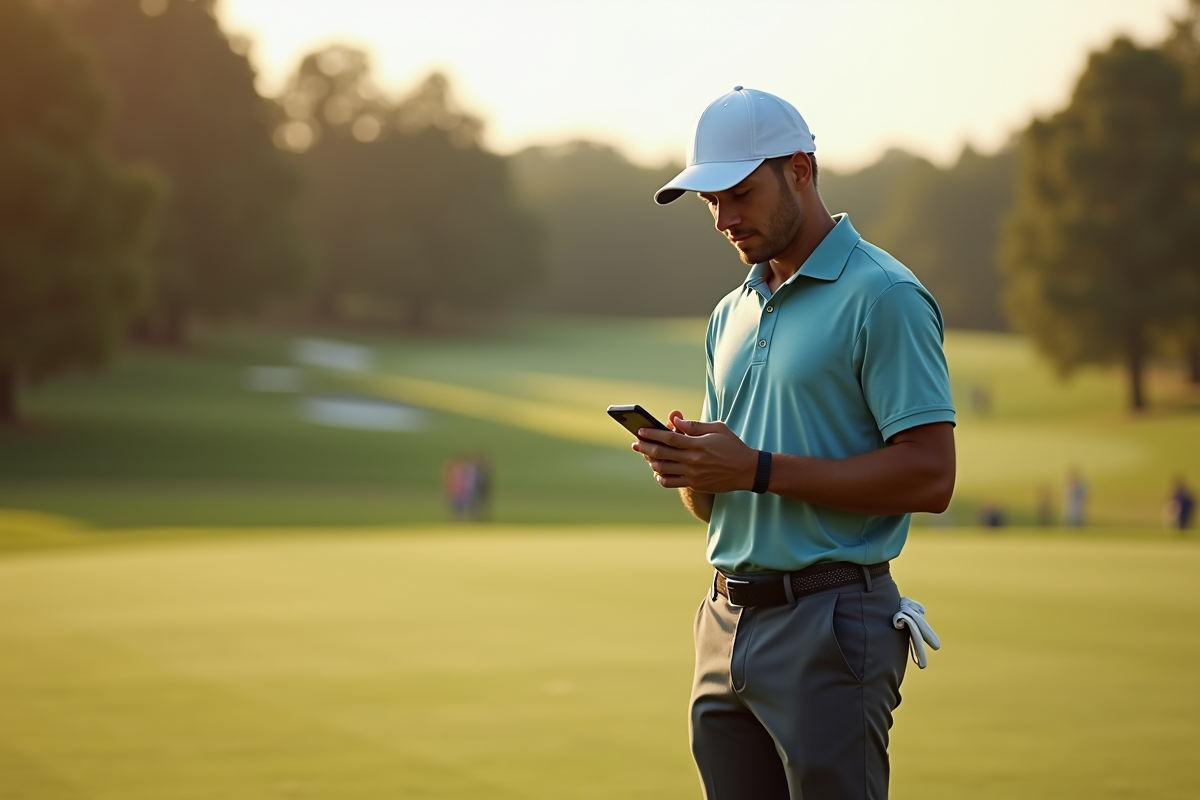 Golfeur regardant son smartphone sur le parcours
