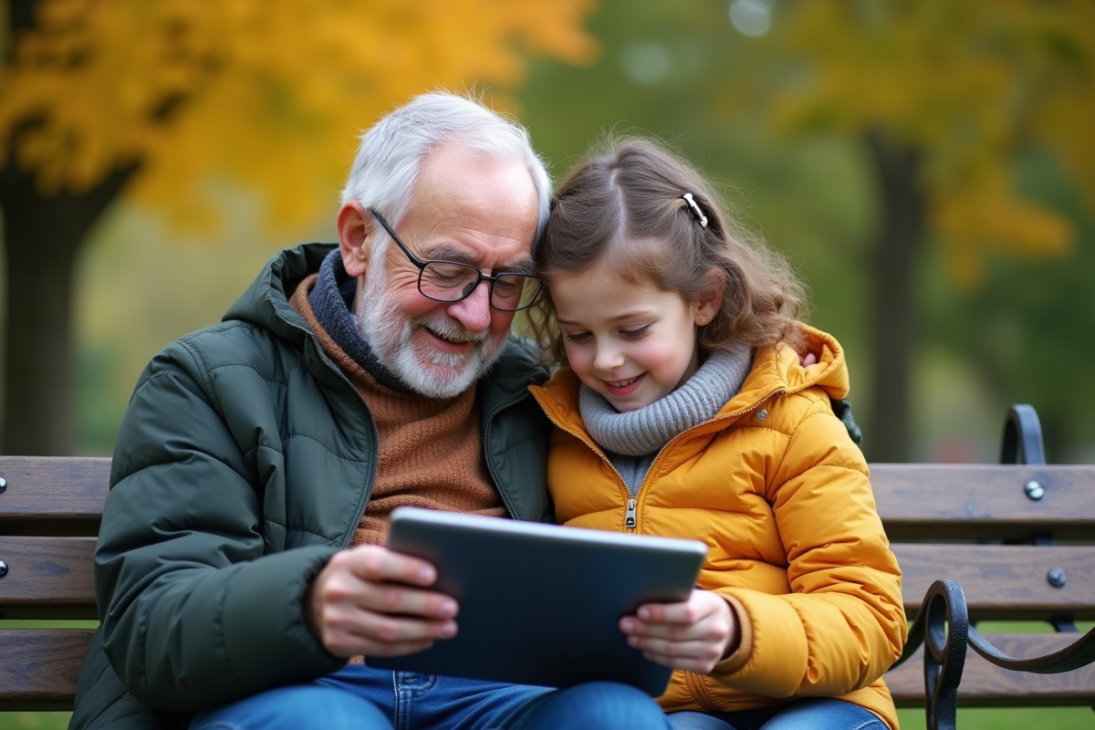 Grand-parent et enfant regardant une tablette en plein air