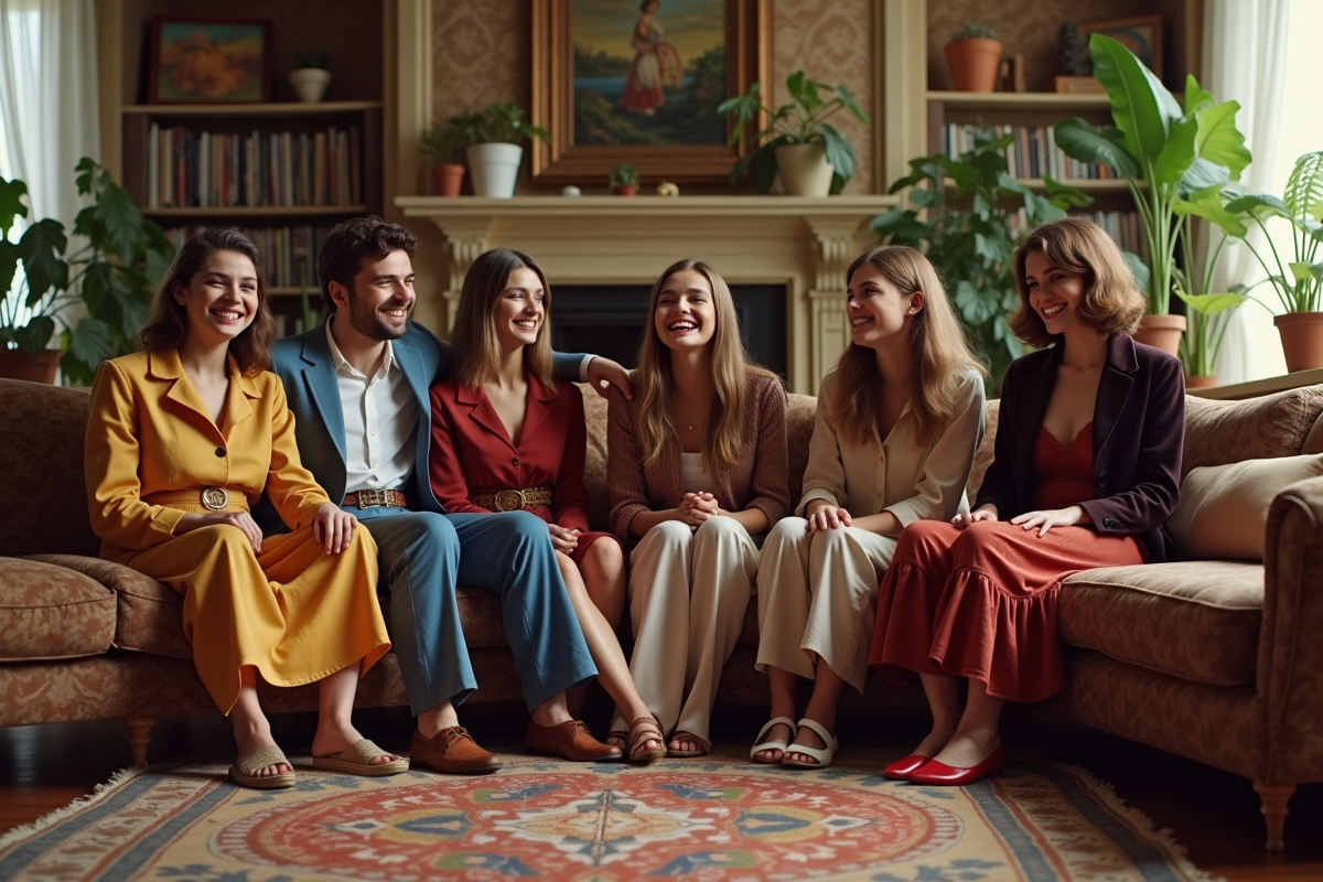 Groupe d amis dans un salon rétro en 1975