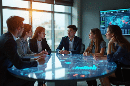 Groupe diversifié autour d'une table digitale moderne